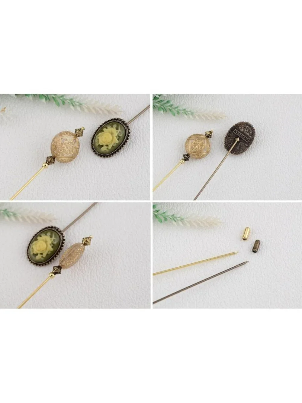 Victorian Floral Filigree Hat Pins Set - Antiqued Gold Long Handle Jewelry